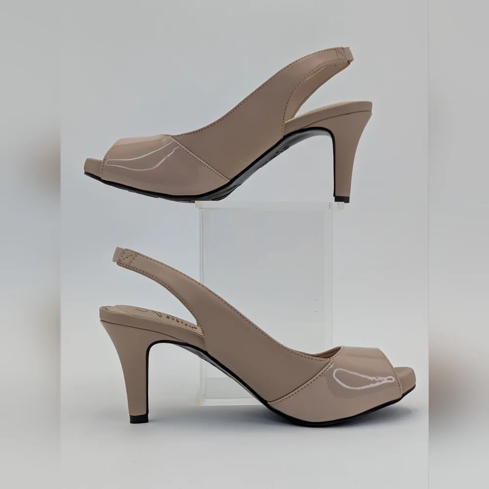 Life Stride Tannis Soft System Size 5M Taupe Patent Peep Toe Sling Back Heels